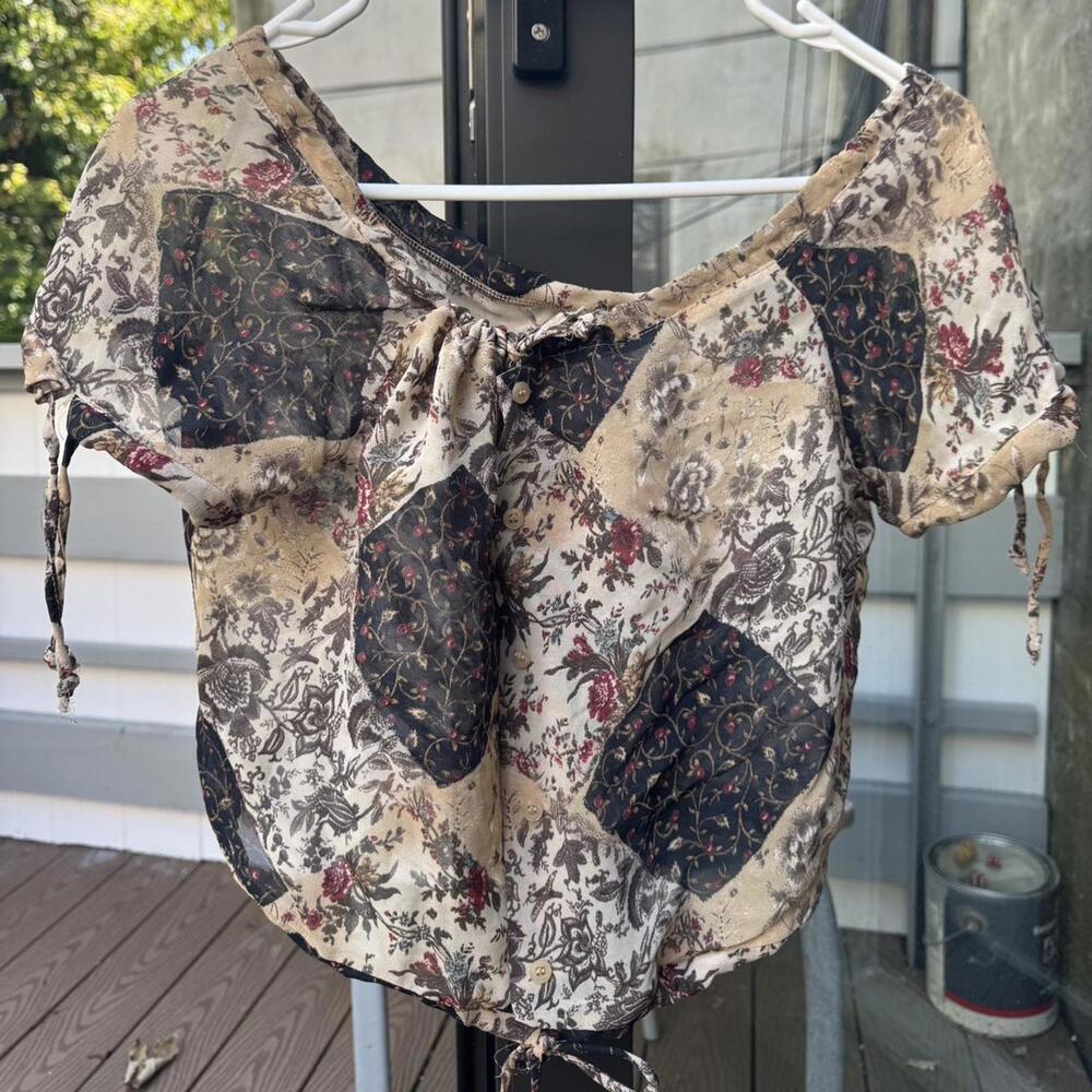 Patchwork Off The Shoulder Blouse With Adjustable… - image 1